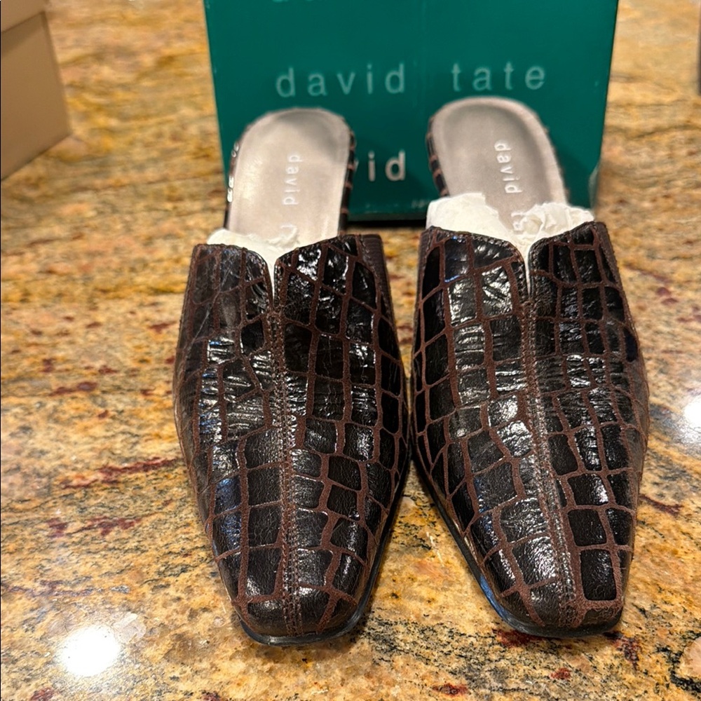 David Tate Men's Brown Croc-Embossed Leather Slip-On Mules
